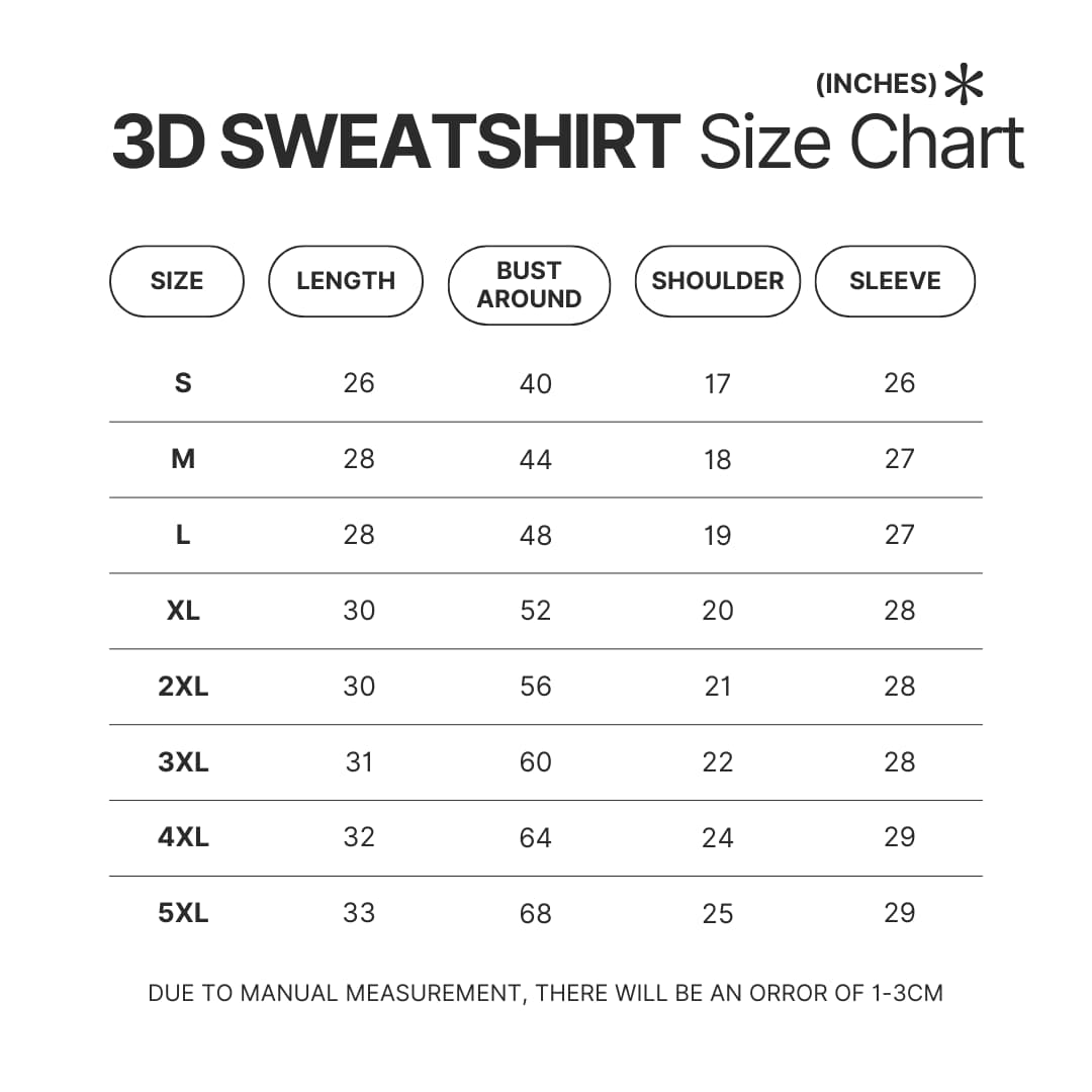 3D Sweatshirt Size Chart - Lorna Shore Store