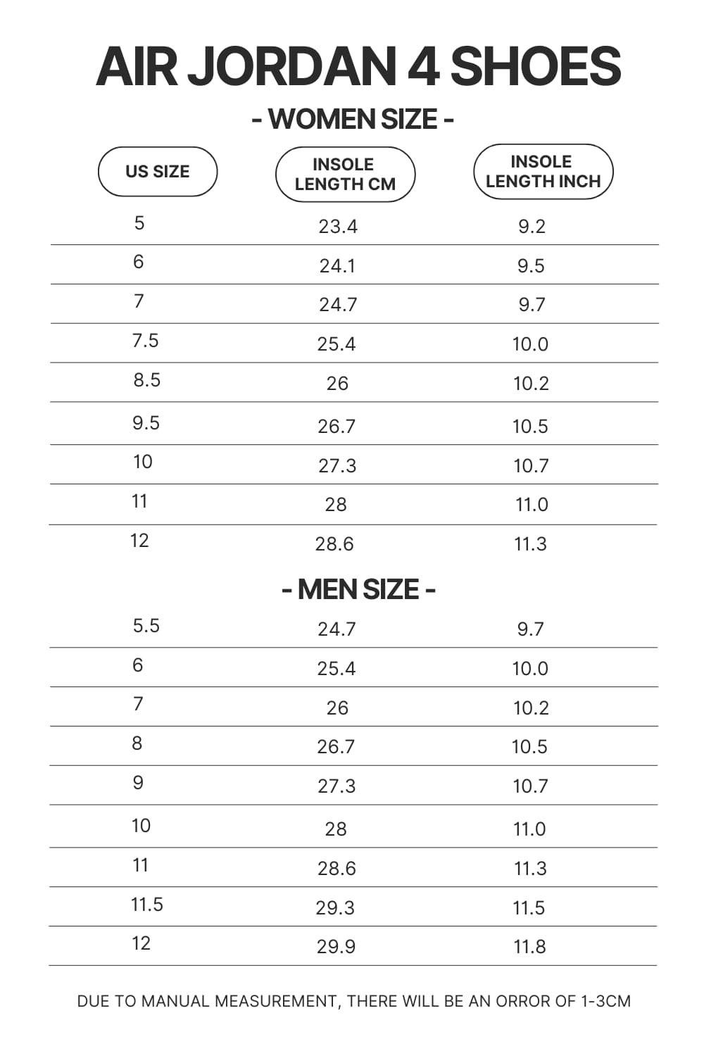 Air Jordan 4 Shoes Size Chart - Lorna Shore Store