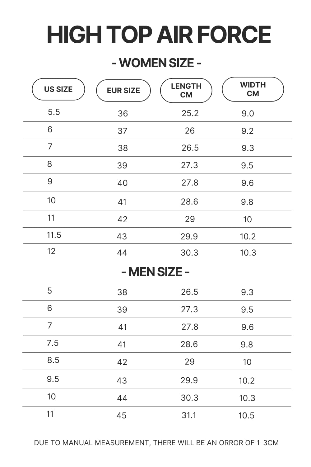 High Top Air Force Shoes Size Chart - Lorna Shore Store